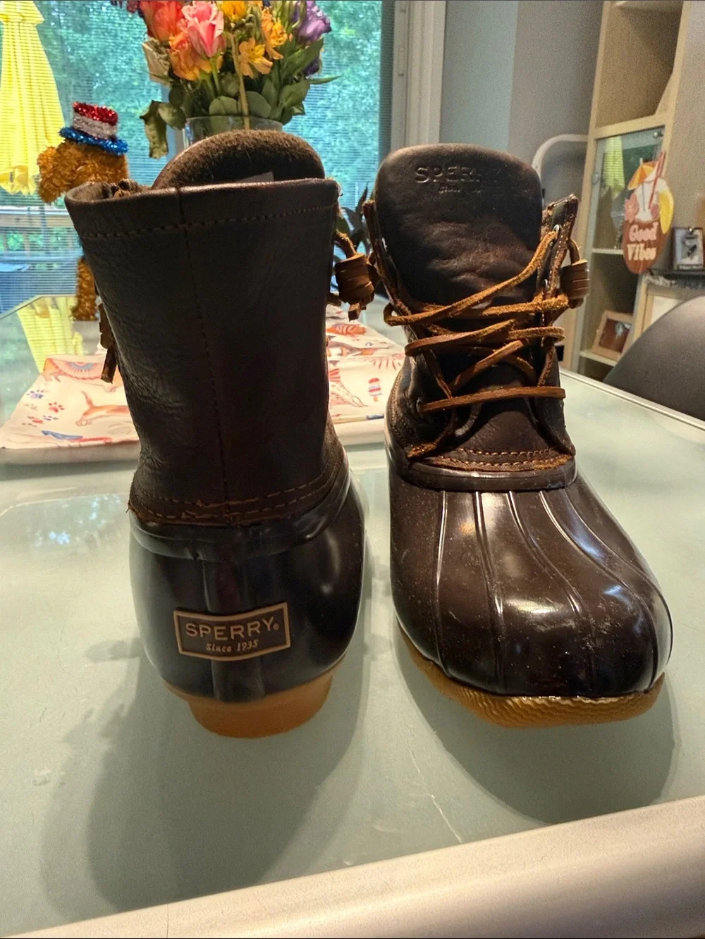 Sperry Brown Leather and Rubber Lace-Up Rain Boots